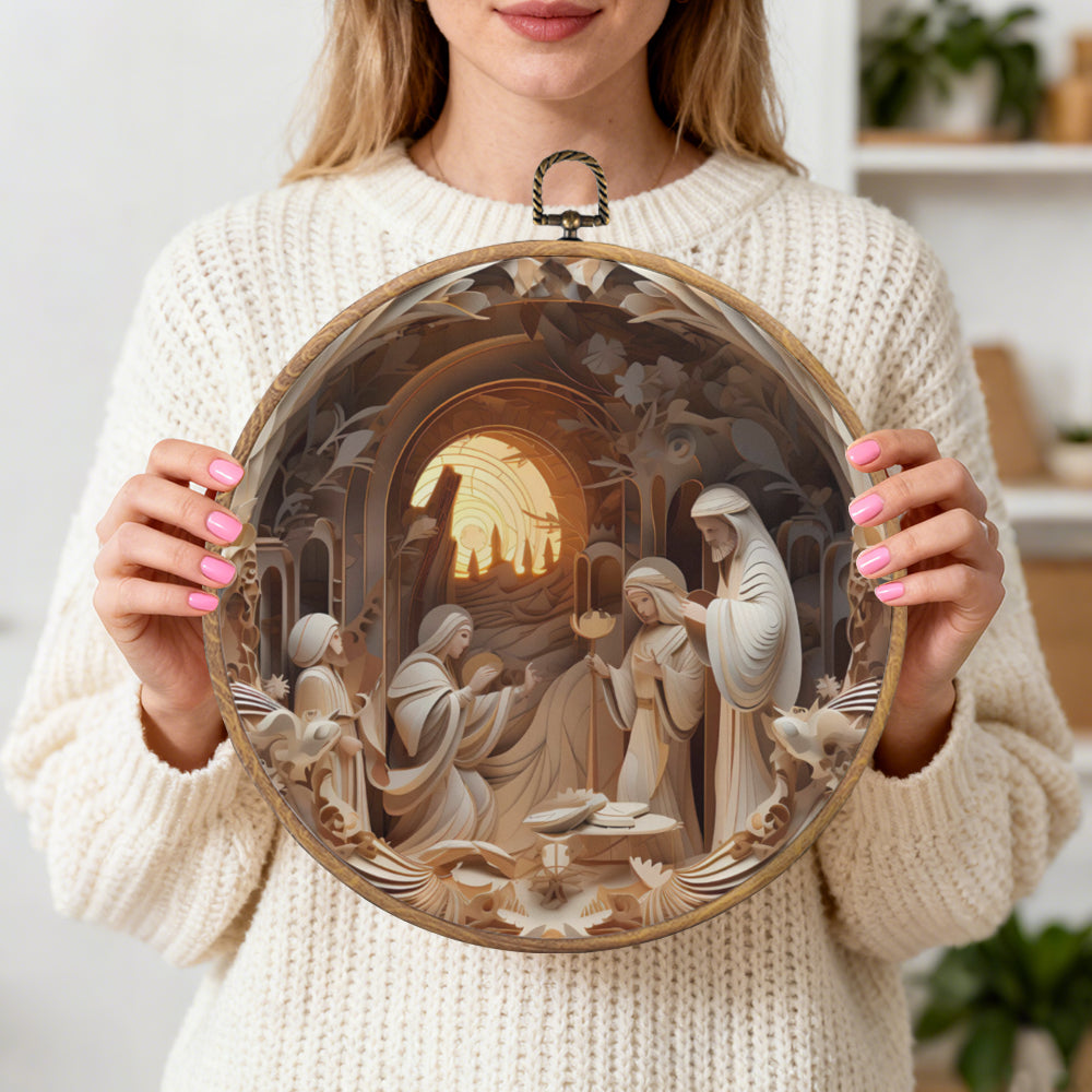 Nativity Scene Framed Round Wall Art – Paper Sculpture Style Holy Family Décor