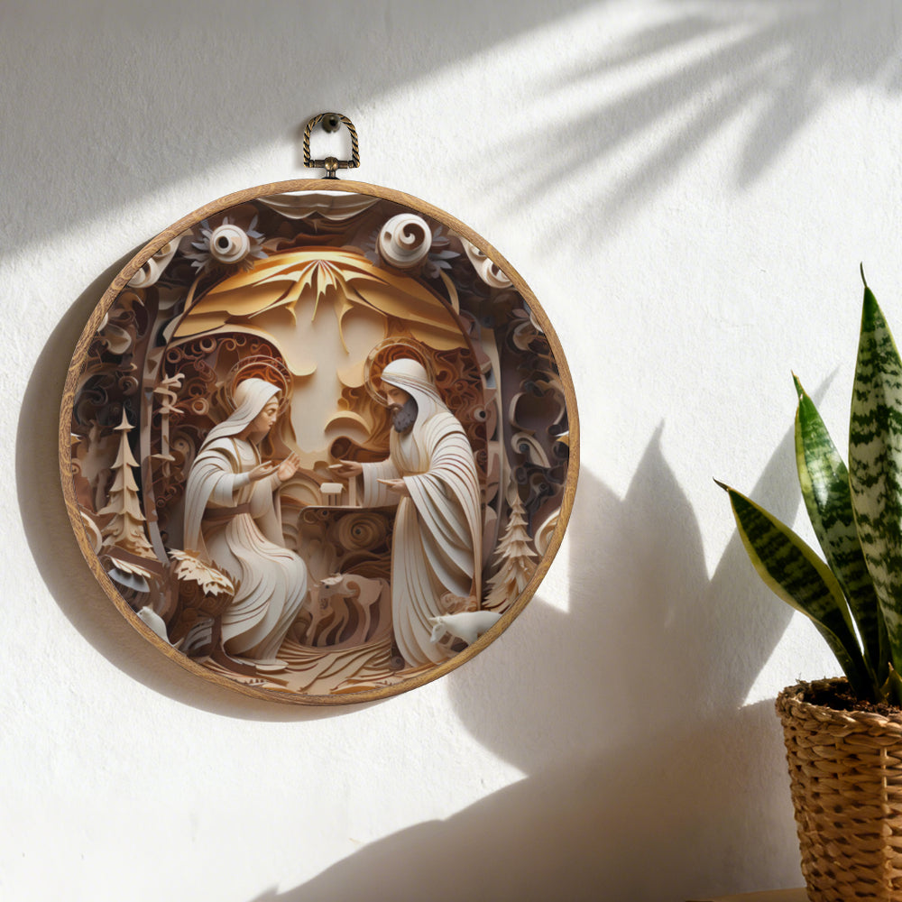 Holy Family Nativity Framed Round Wall Art – Paper Sculpture Style Christmas Décor