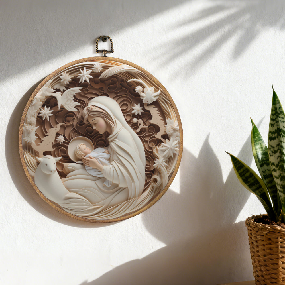Madonna and Child Framed Round Wall Art – Paper Sculpture Style Nativity Home Décor