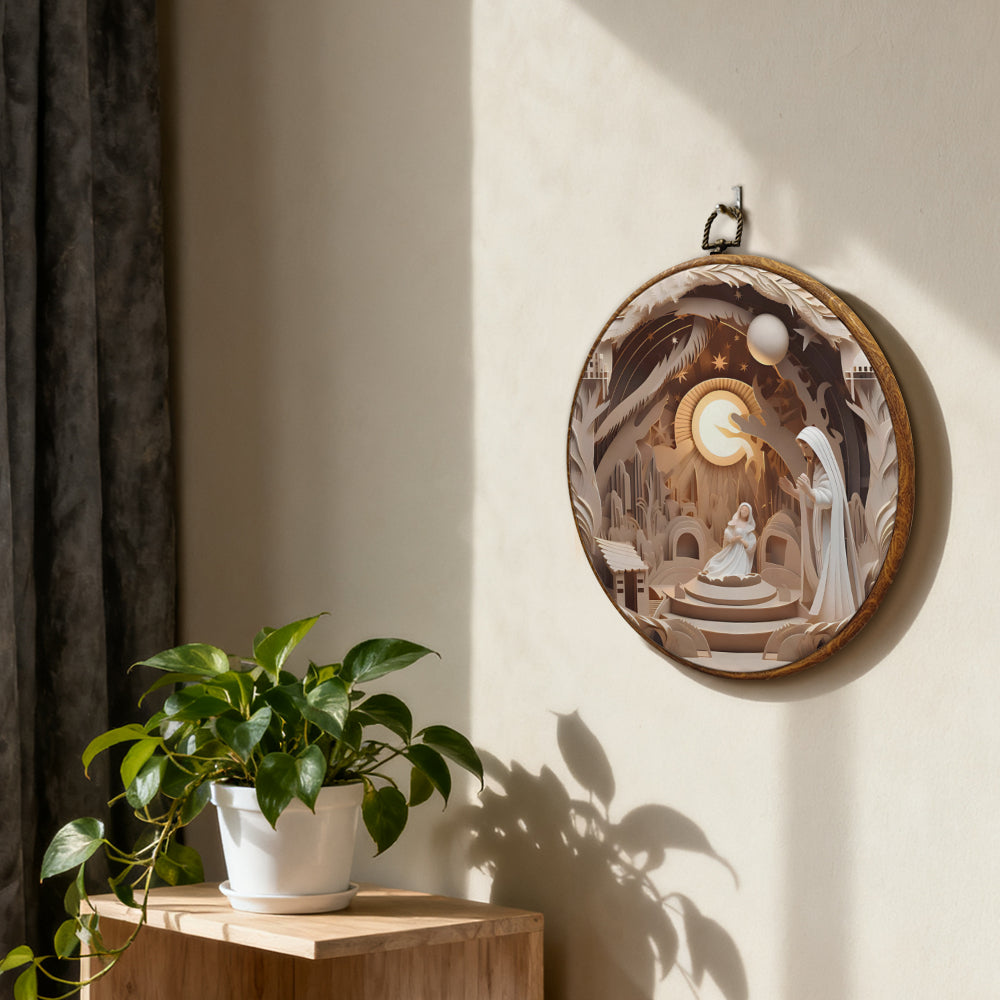 Holy Night Nativity Framed Round Wall Art – Paper Sculpture Style Christmas Decoration
