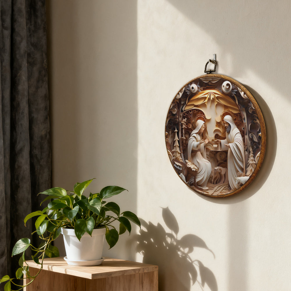 Holy Family Nativity Framed Round Wall Art – Paper Sculpture Style Christmas Décor