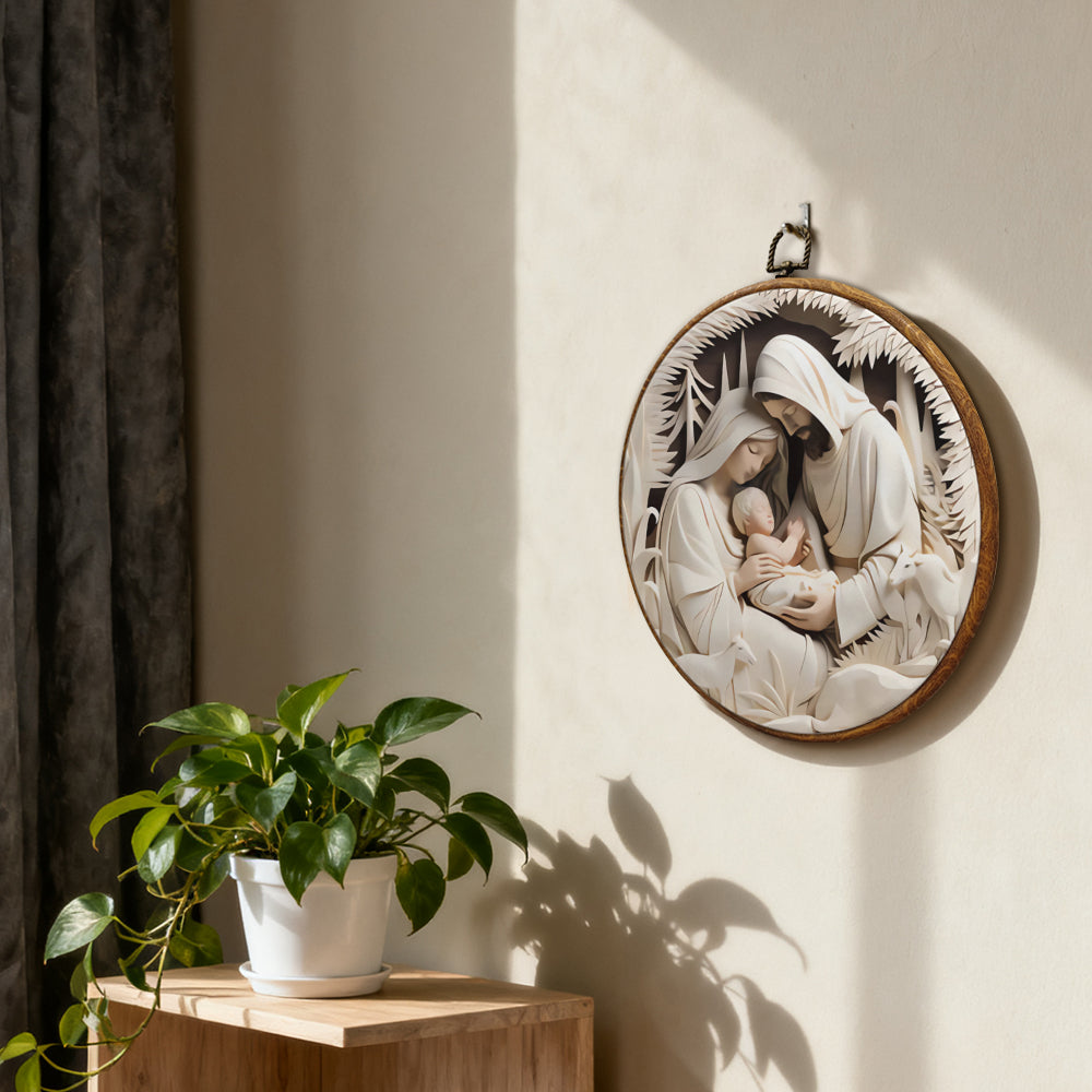 Holy Family Nativity Framed Round Wall Art – Paper Sculpture Style Christmas Décor