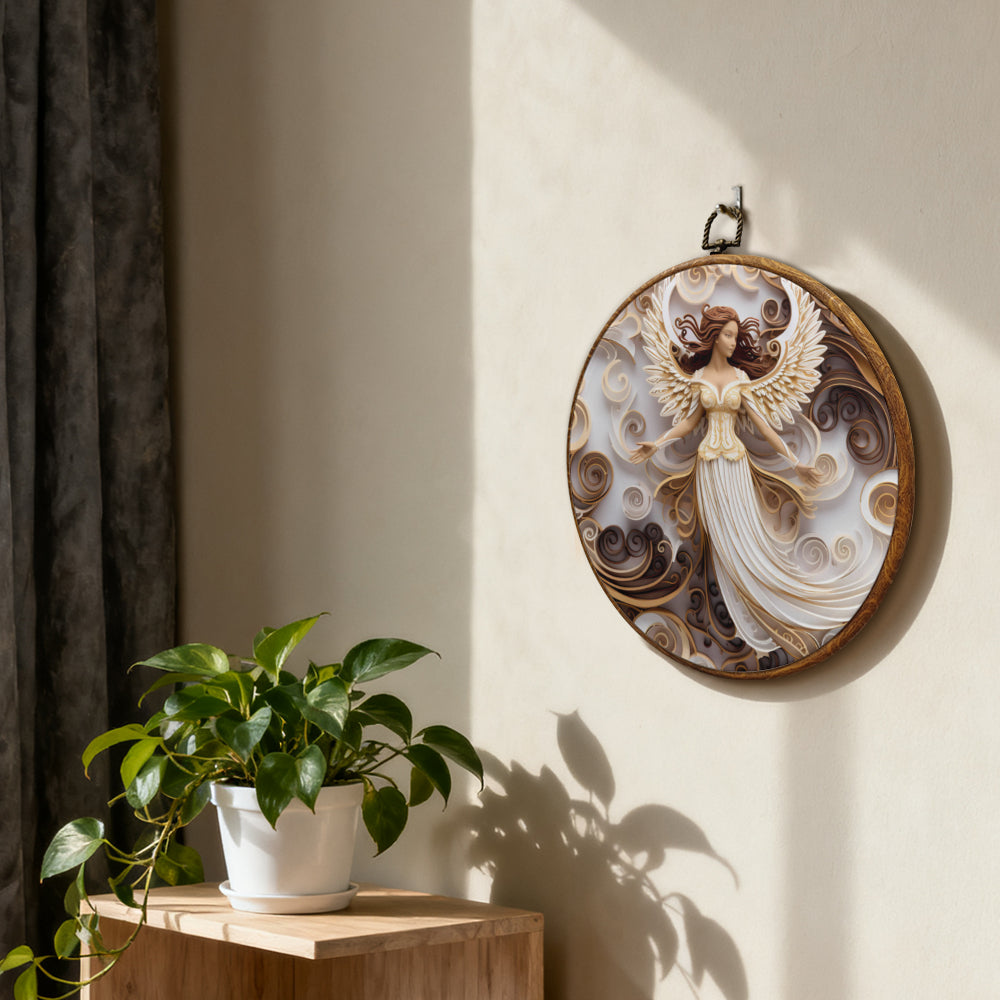 Heavenly Angel Framed Round Wall Art – Paper Sculpture Style Spiritual Home Décor