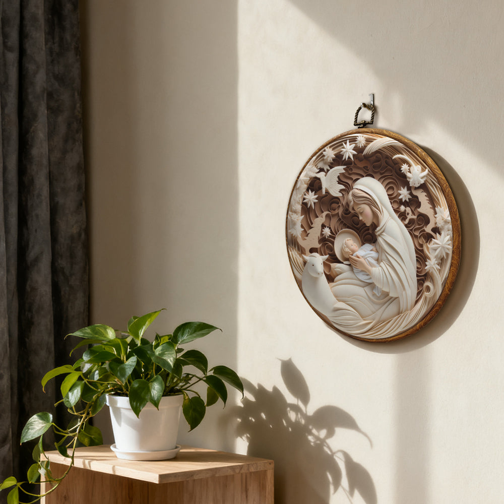 Madonna and Child Framed Round Wall Art – Paper Sculpture Style Nativity Home Décor