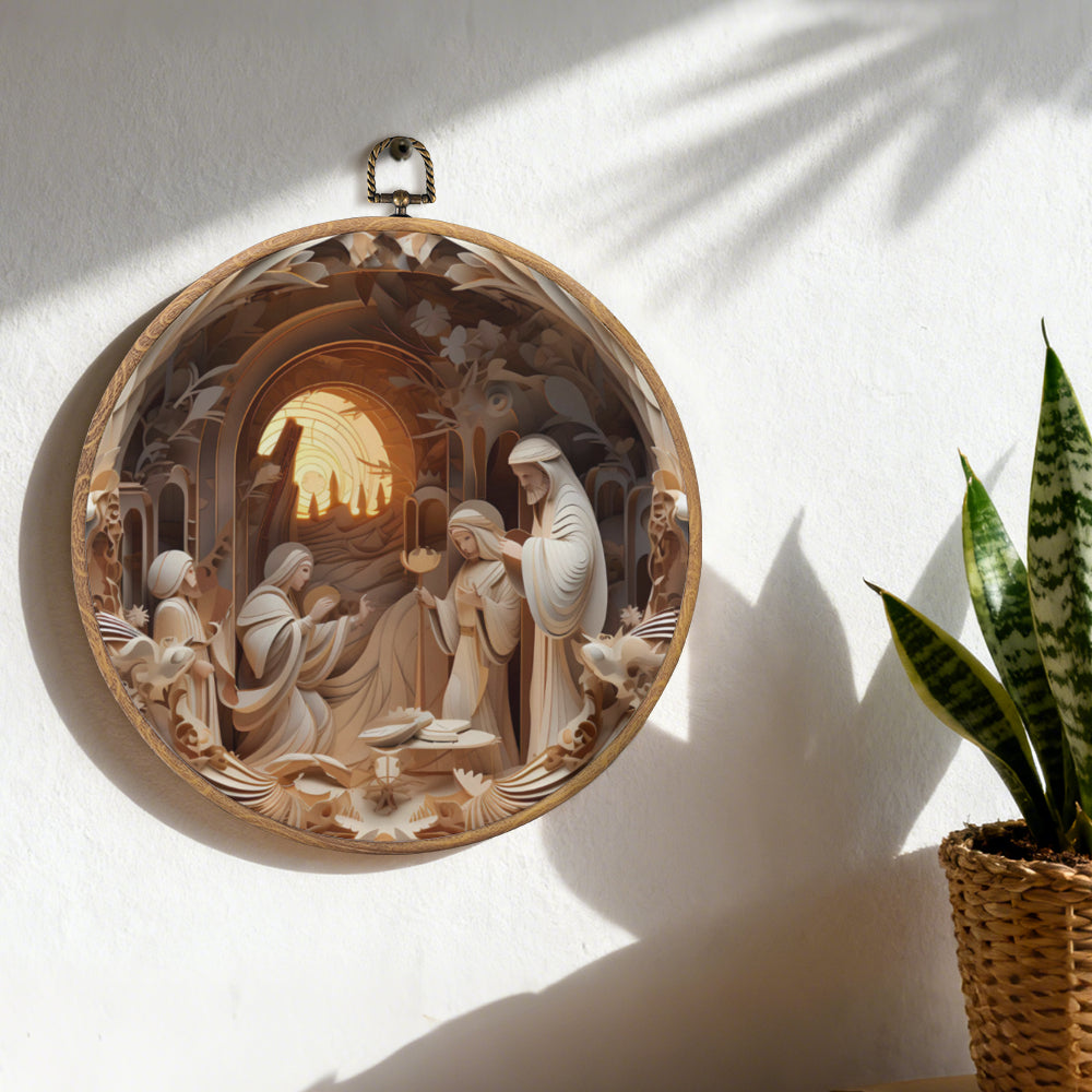 Nativity Scene Framed Round Wall Art – Paper Sculpture Style Holy Family Décor