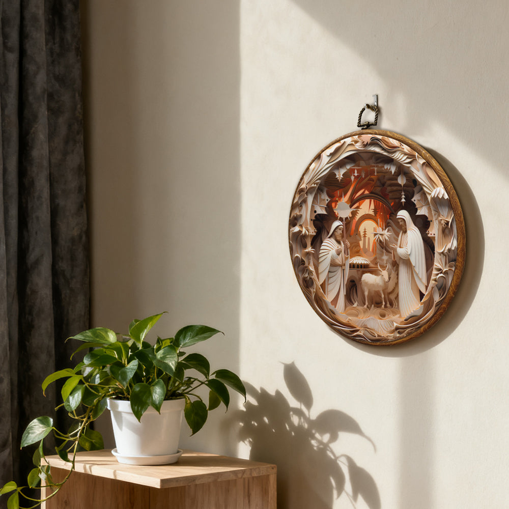 Nativity Blessing Framed Round Wall Art – Paper Sculpture Style Christmas Décor