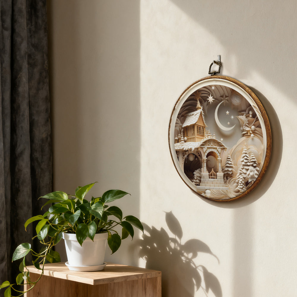 Silent Night Chapel Framed Round Wall Art – Paper Sculpture Style Christmas Décor