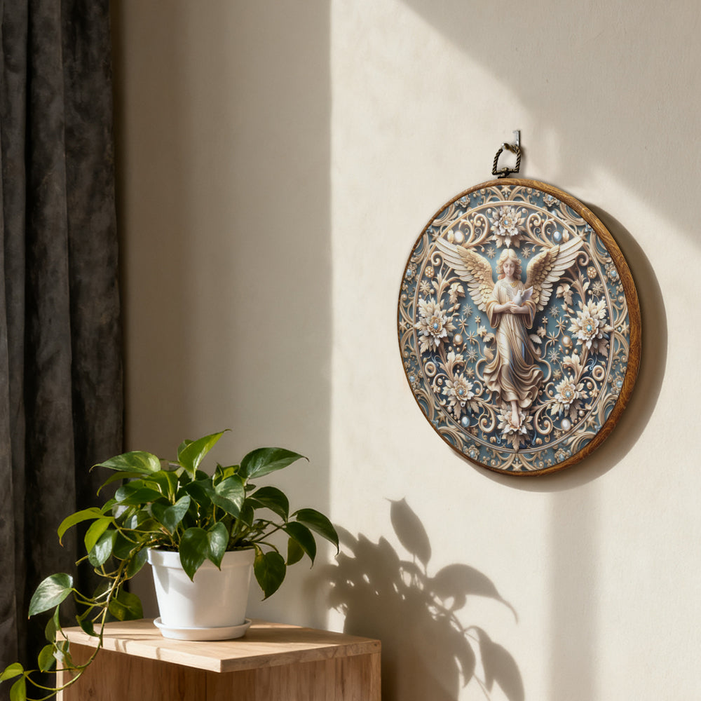 Heavenly Harmony Framed Round Wall Art – Paper Sculpture Style Angelic Décor