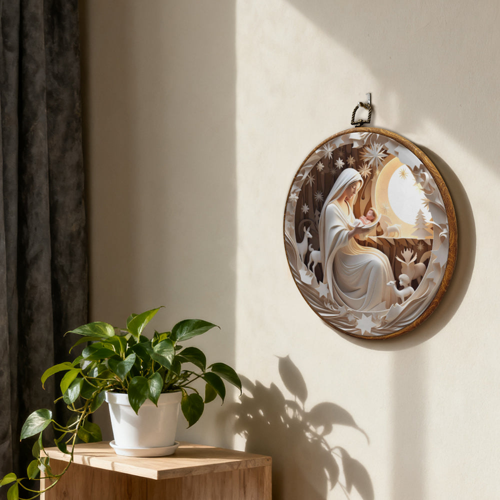 Holy Night Framed Round Wall Art – Paper Sculpture Style Nativity Scene Décor