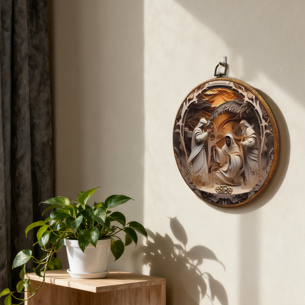 The Holy Family Framed Round Wall Art – Paper Sculpture Style Nativity Scene