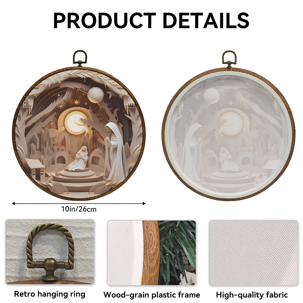 Holy Night Nativity Framed Round Wall Art – Paper Sculpture Style Christmas Decoration