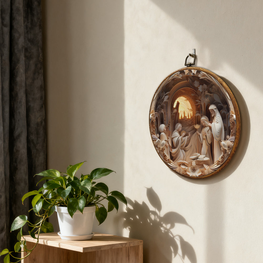 Nativity Scene Framed Round Wall Art – Paper Sculpture Style Holy Family Décor