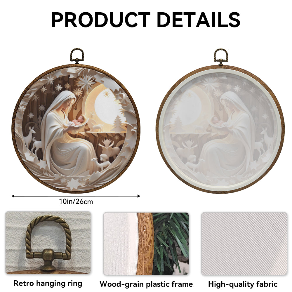 Holy Night Framed Round Wall Art – Paper Sculpture Style Nativity Scene Décor