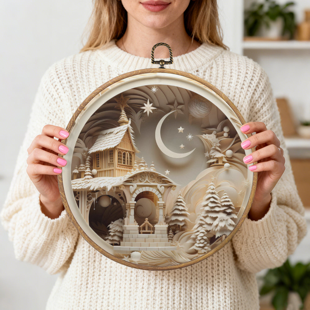 Silent Night Chapel Framed Round Wall Art – Paper Sculpture Style Christmas Décor
