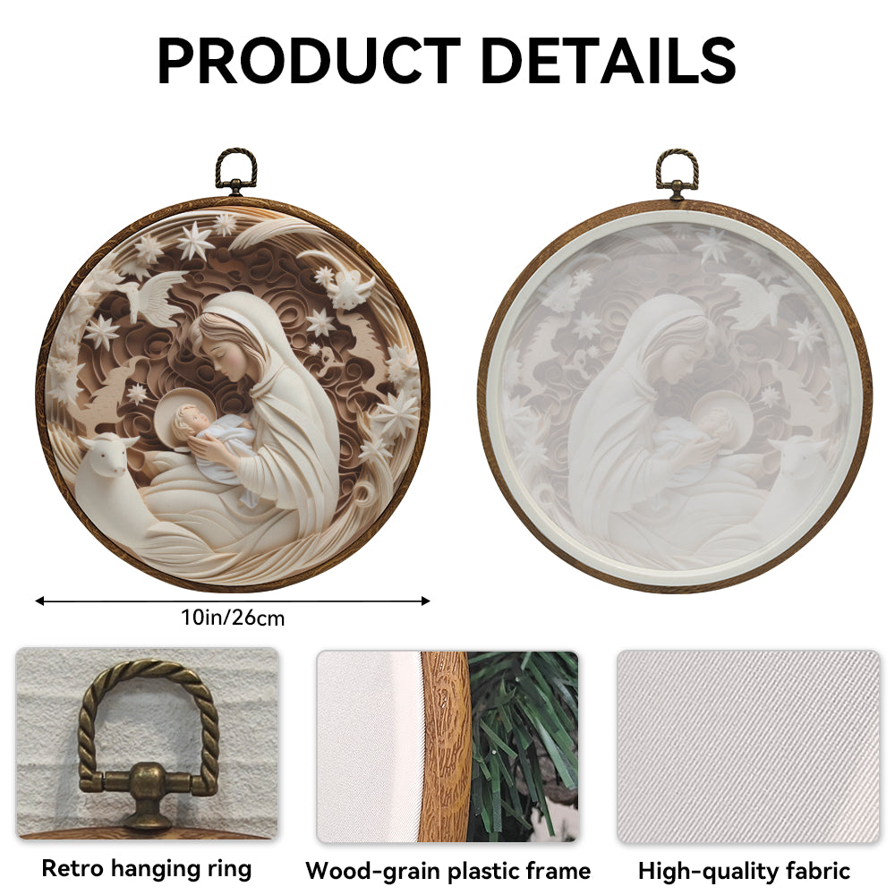 Madonna and Child Framed Round Wall Art – Paper Sculpture Style Nativity Home Décor