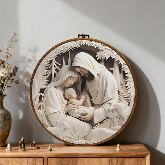 Holy Family Nativity Framed Round Wall Art – Paper Sculpture Style Christmas Décor