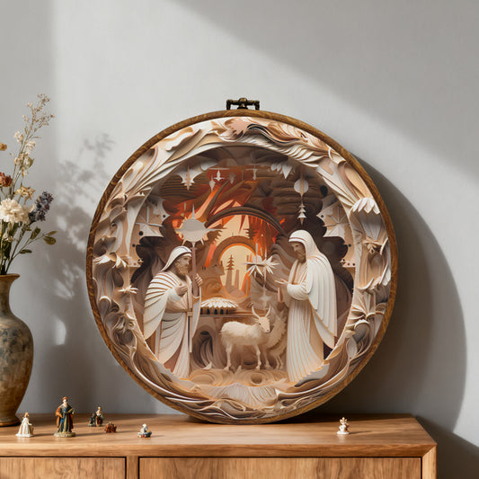 Nativity Blessing Framed Round Wall Art – Paper Sculpture Style Christmas Décor