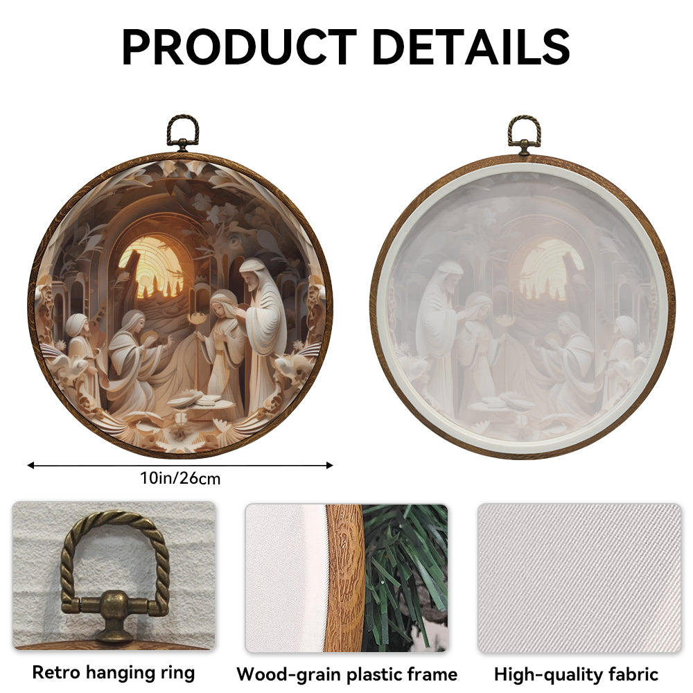 Nativity Scene Framed Round Wall Art – Paper Sculpture Style Holy Family Décor
