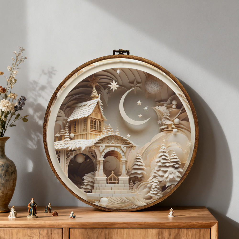 Silent Night Chapel Framed Round Wall Art – Paper Sculpture Style Christmas Décor