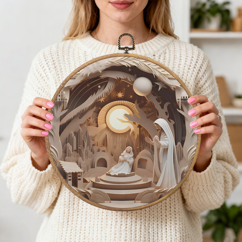 Holy Night Nativity Framed Round Wall Art – Paper Sculpture Style Christmas Decoration