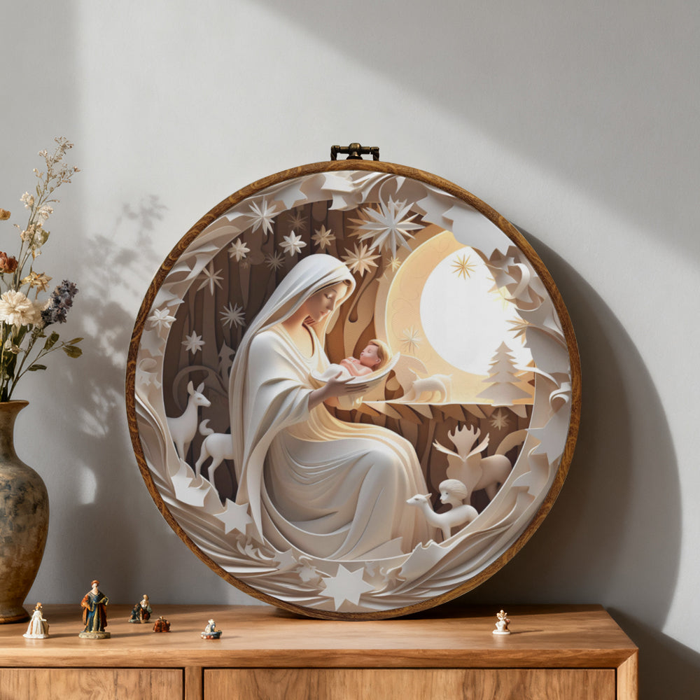 Holy Night Framed Round Wall Art – Paper Sculpture Style Nativity Scene Décor