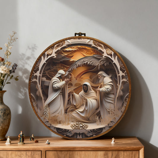 The Holy Family Framed Round Wall Art – Paper Sculpture Style Nativity Scene