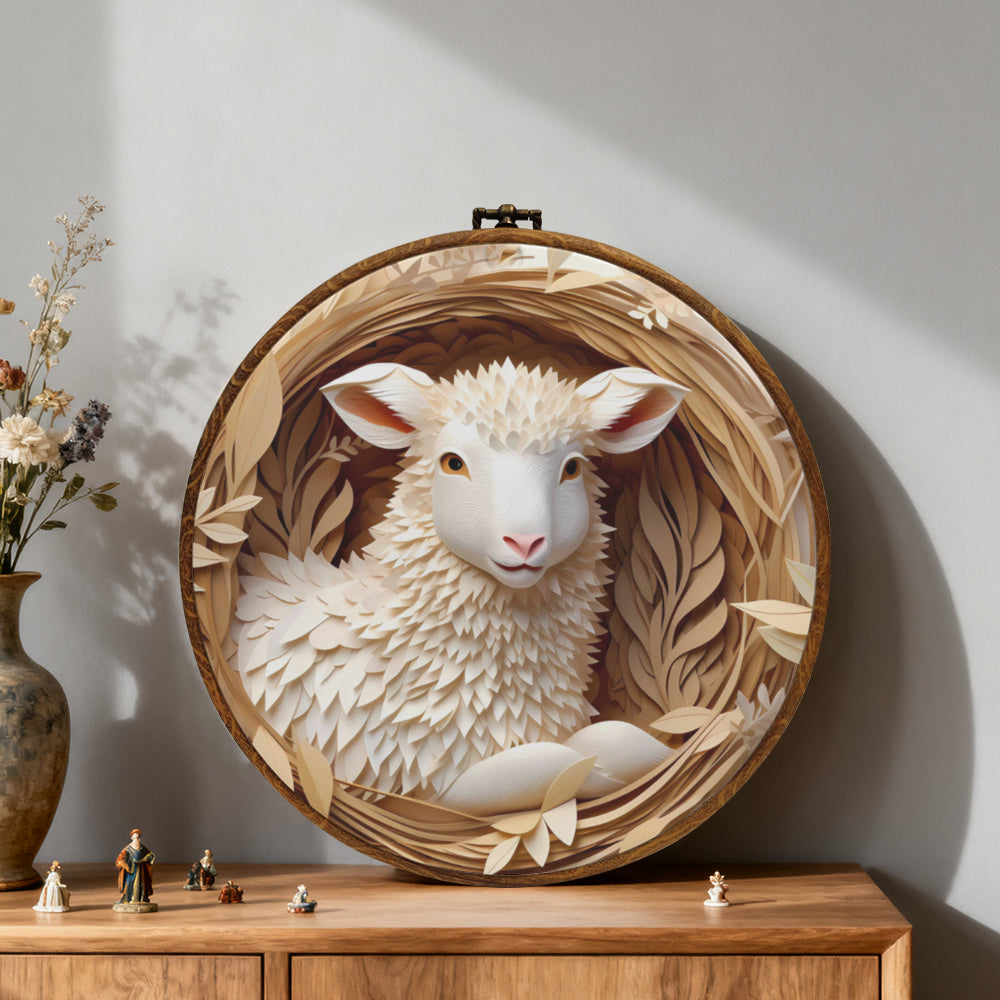Lamb of Peace Framed Round Wall Art – Paper Sculpture Style Christian Home Décor