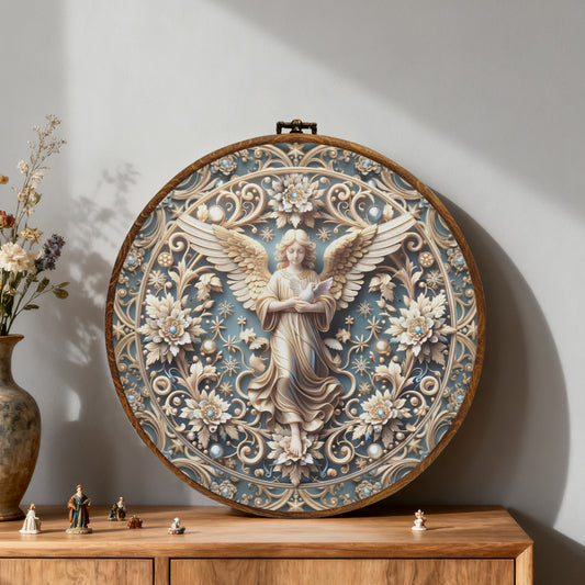 Heavenly Harmony Framed Round Wall Art – Paper Sculpture Style Angelic Décor