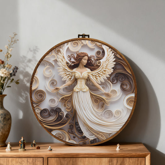 Heavenly Angel Framed Round Wall Art – Paper Sculpture Style Spiritual Home Décor