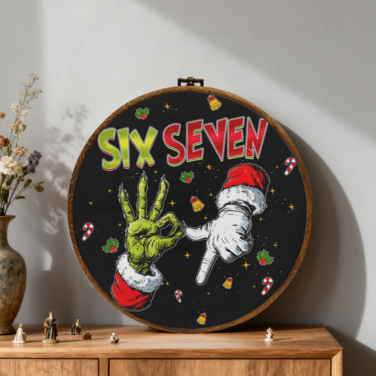 Funny Grinch Hand "Six Seven" Framed Round Wall