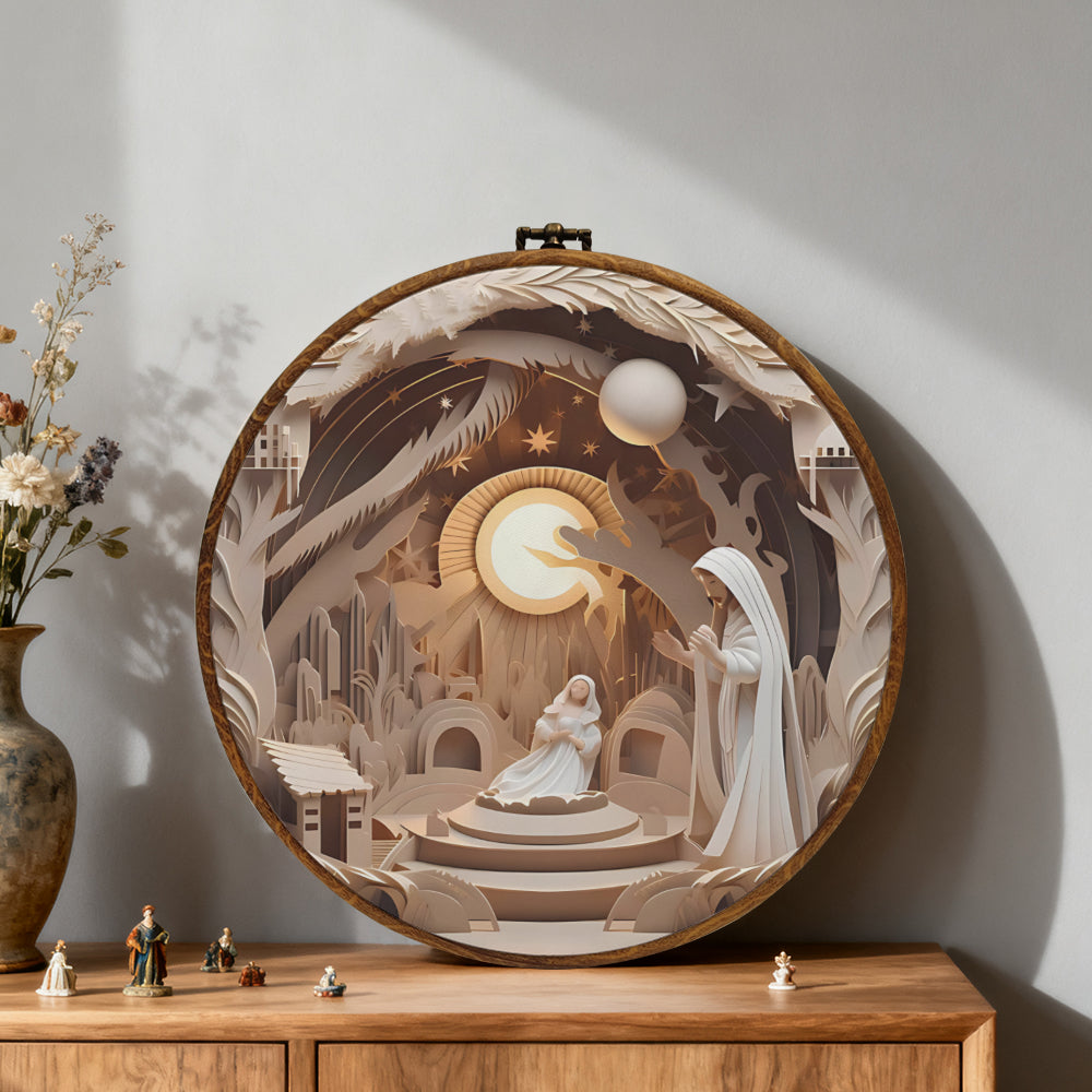 Holy Night Nativity Framed Round Wall Art – Paper Sculpture Style Christmas Decoration