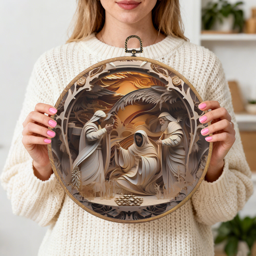 The Holy Family Framed Round Wall Art – Paper Sculpture Style Nativity Scene
