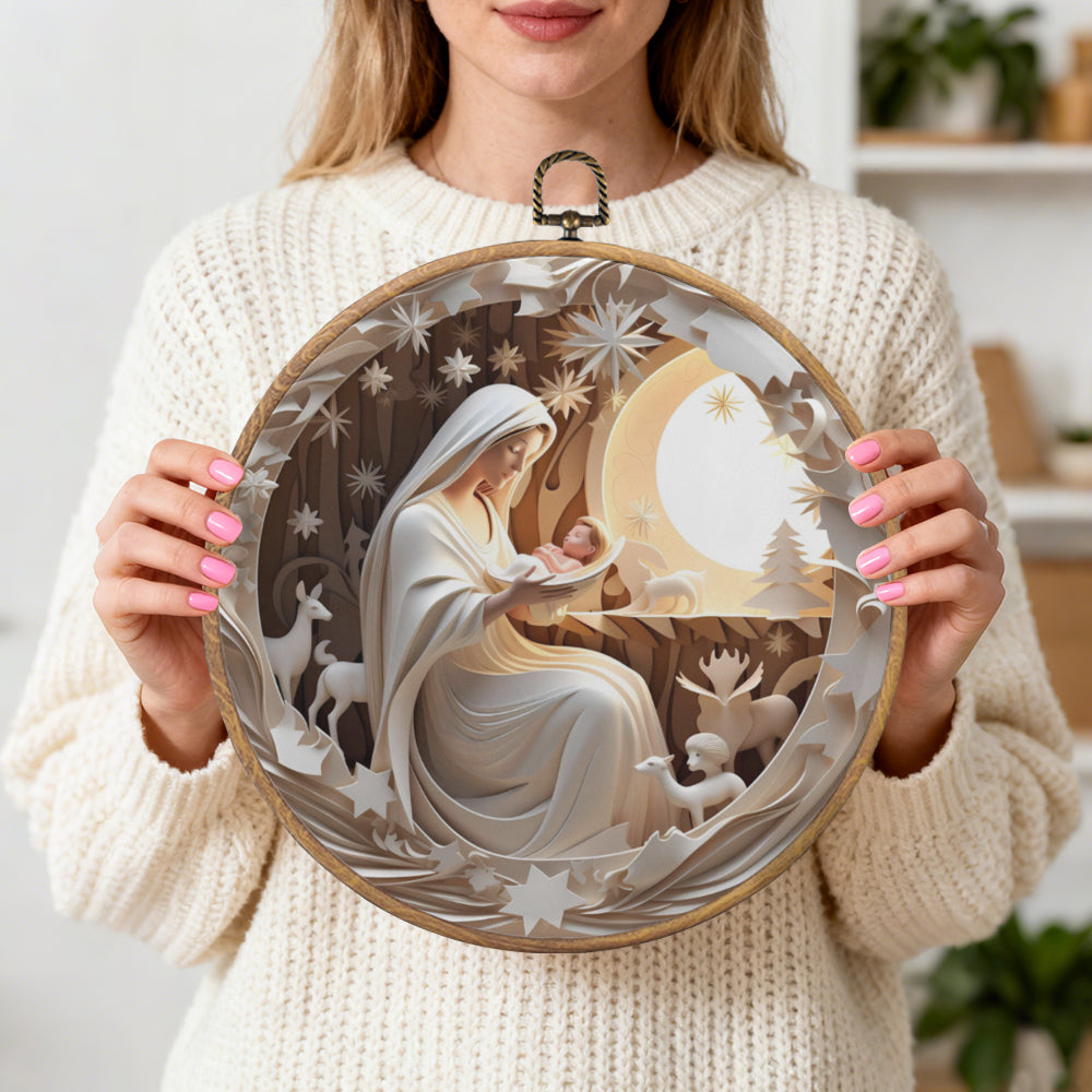 Holy Night Framed Round Wall Art – Paper Sculpture Style Nativity Scene Décor