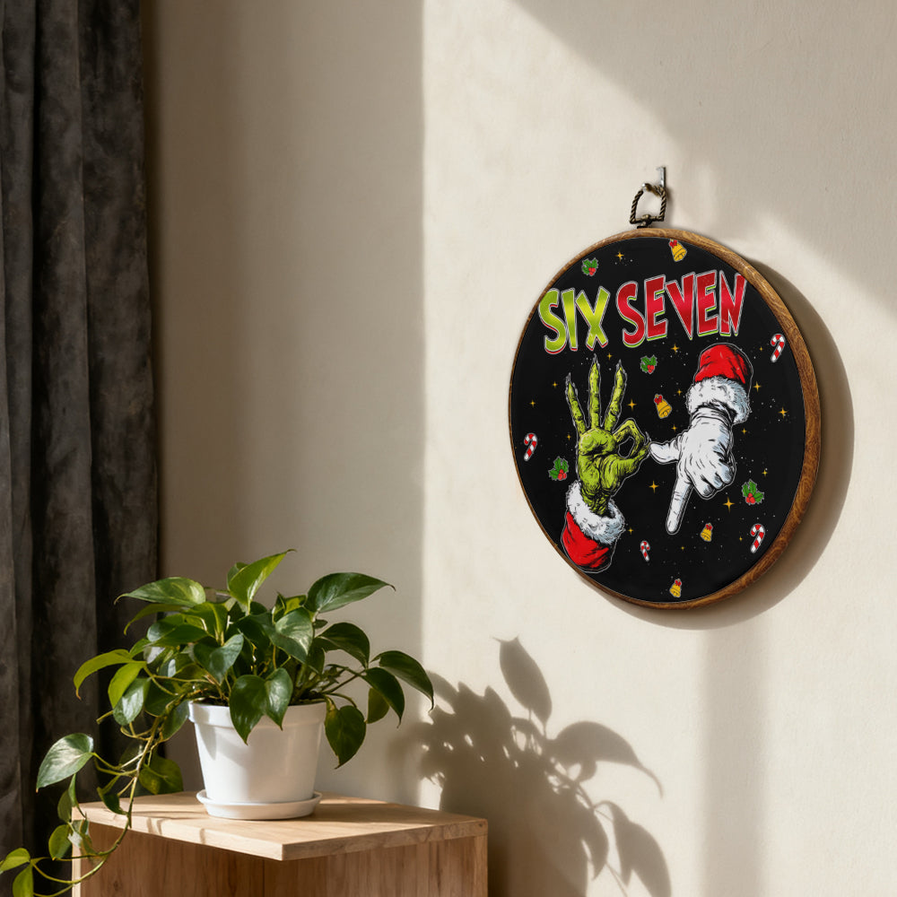 Funny Grinch Hand "Six Seven" Framed Round Wall