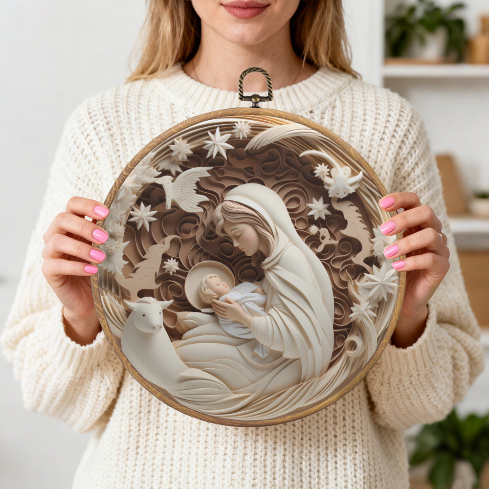 Madonna and Child Framed Round Wall Art – Paper Sculpture Style Nativity Home Décor