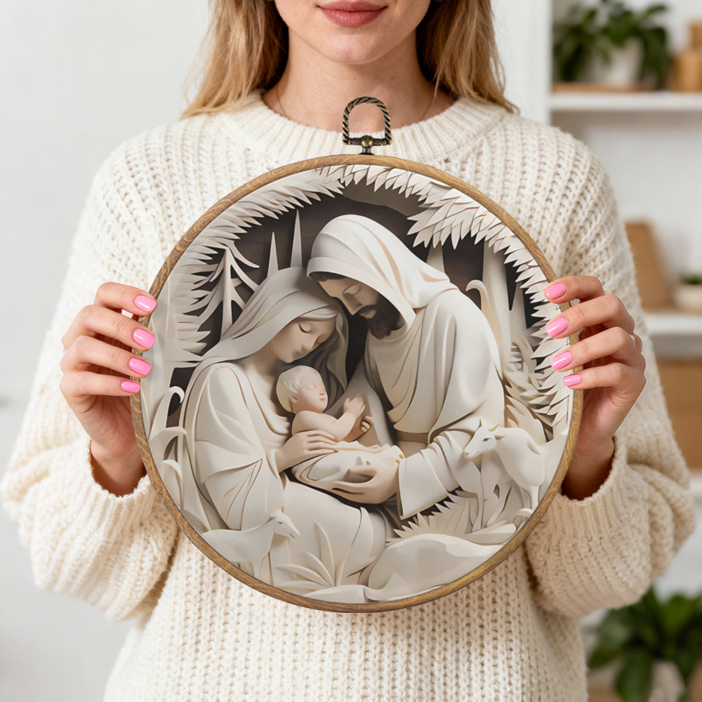 Holy Family Nativity Framed Round Wall Art – Paper Sculpture Style Christmas Décor