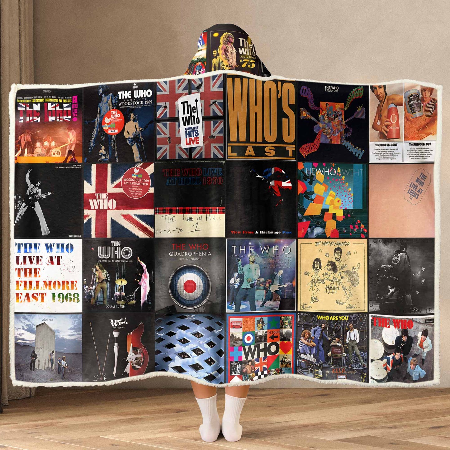 The Who Rock Band Album Covers Wearable Hooded Blanket - Classic British Rock Music Gift for Fans