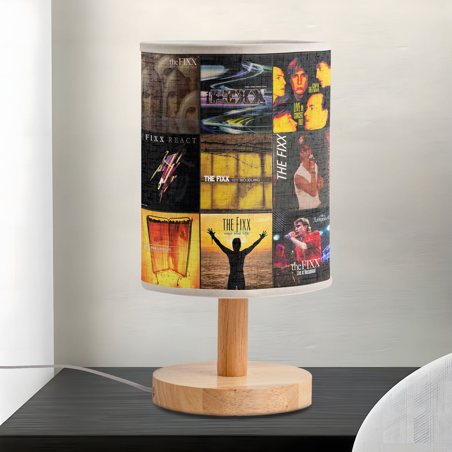 The Fixx Band Album Cover Collage Table Lamp - 80s New Wave Rock Music Decor with Wooden Base