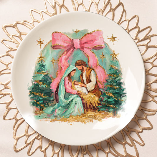 Holy Family Nativity Decorative Plate with Pink Bow and Gold Accents