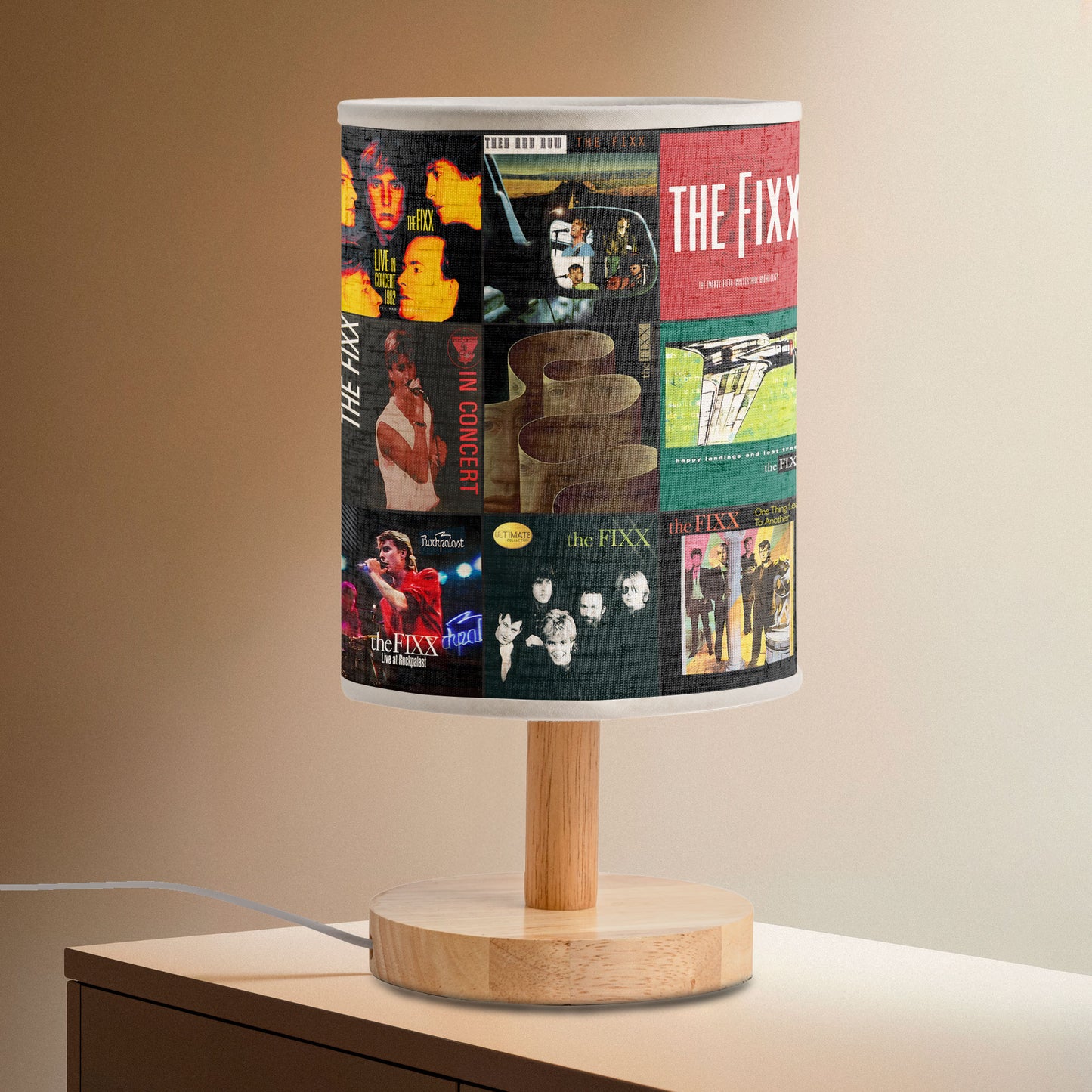The Fixx Band Album Cover Collage Table Lamp - 80s New Wave Rock Music Decor with Wooden Base