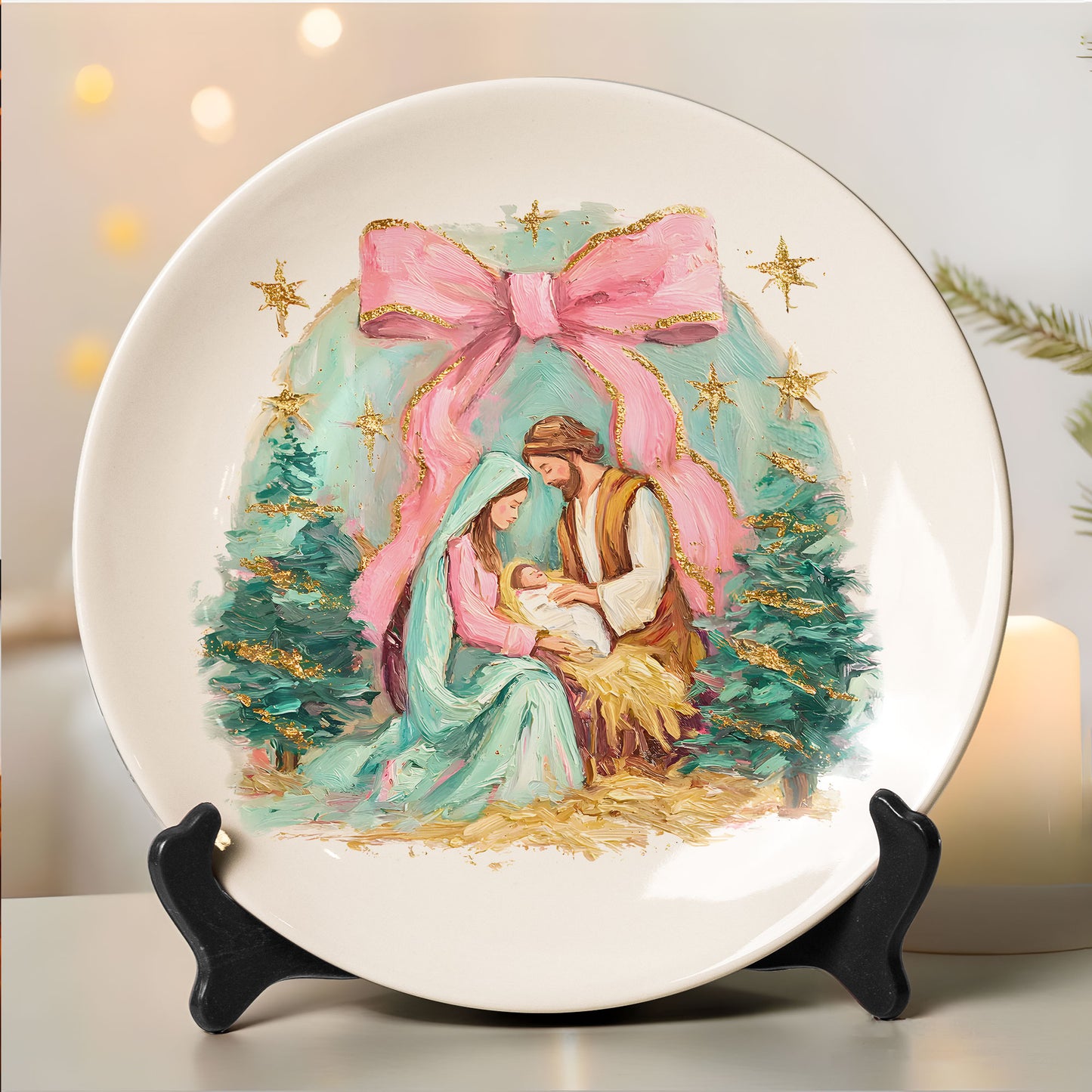 Holy Family Nativity Decorative Plate with Pink Bow and Gold Accents