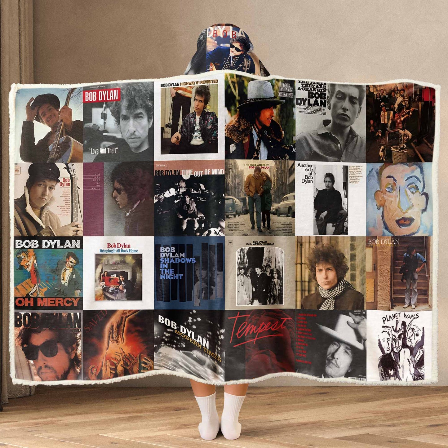 Bob Dylan Album Art Wearable Hooded Blanket – Folk Rock Legend Gift