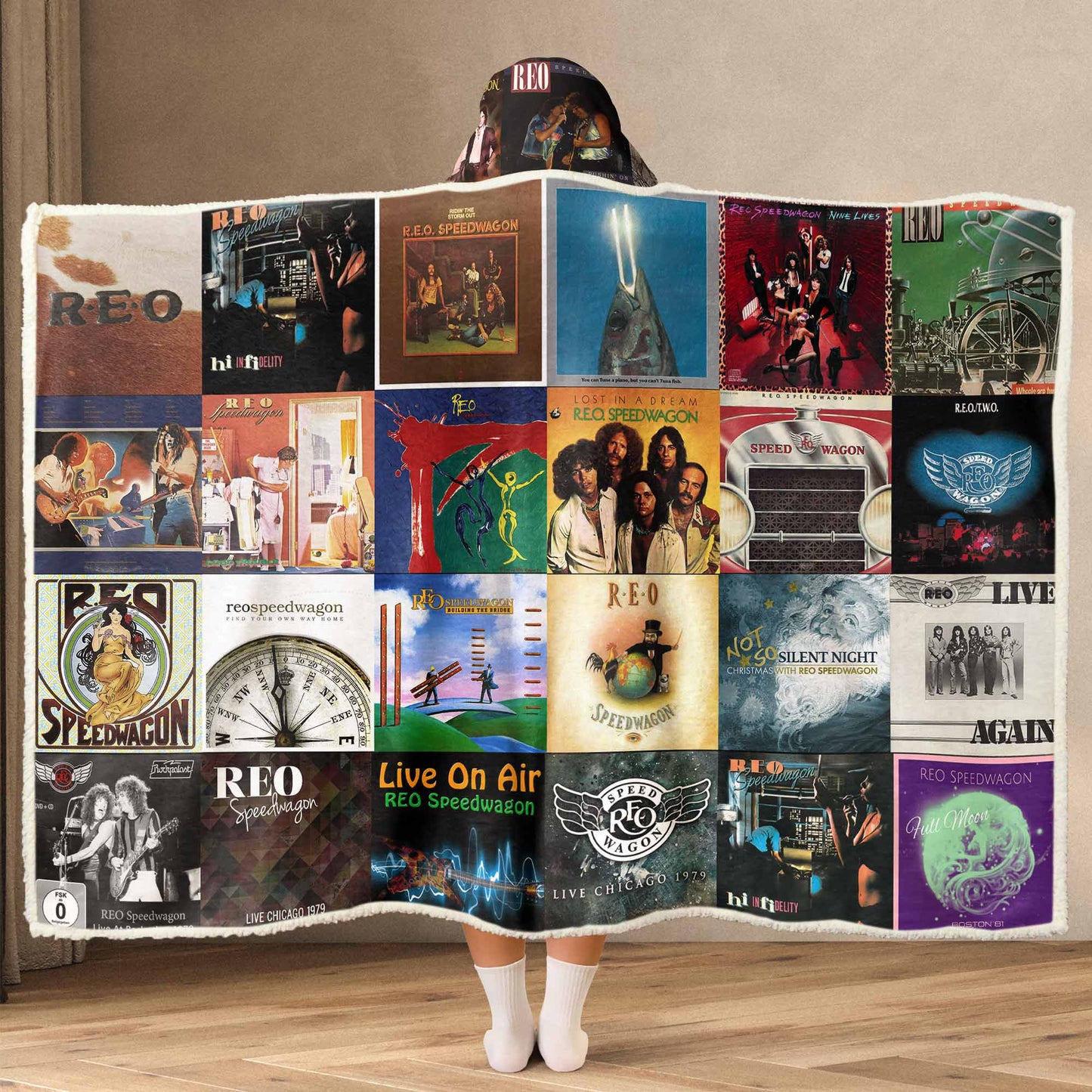 REO Speedwagon Album Art Wearable Hooded Blanket – Classic Rock Fan Gift