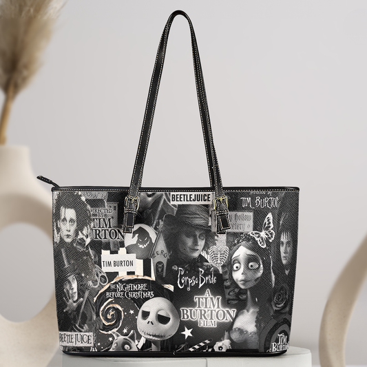 Tim Burton Collage Leather ToteBag – Gothic Horror Inspired Design