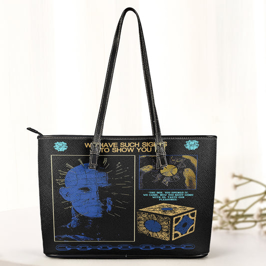 Horror Inspired Leather ToteBag – Gothic Pinhead Design with Hellraiser Puzzle Box