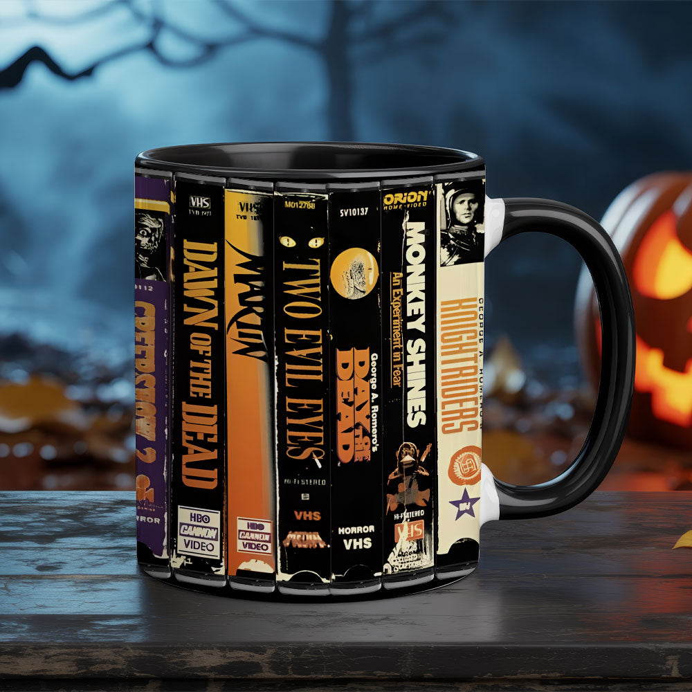 Retro VHS Horror Accent Coffee Mug – Creepshow, Dawn of the Dead, Monkey Shines & More