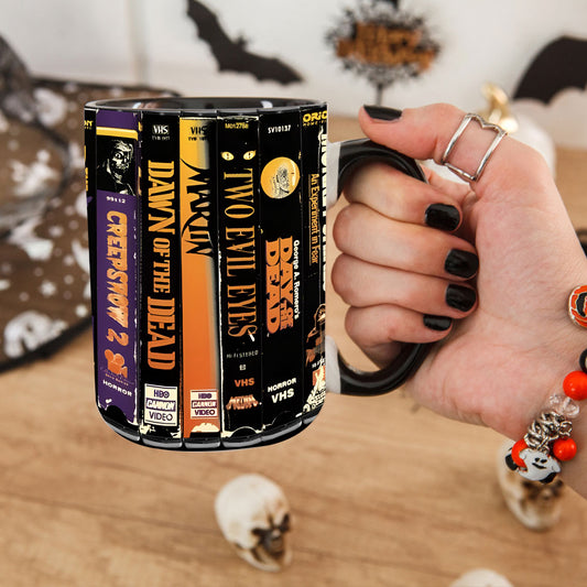 Retro VHS Horror Accent Coffee Mug – Creepshow, Dawn of the Dead, Monkey Shines & More