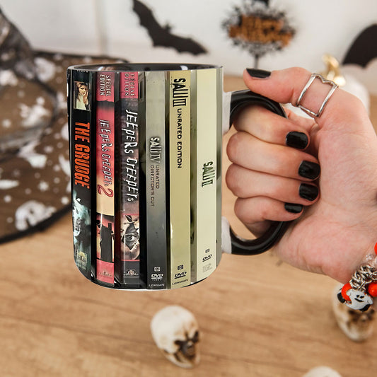 Ultimate Halloween Horror Accent Coffee Mug – VHS & DVD Spines Edition