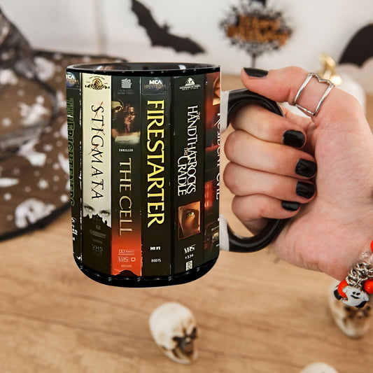 Retro Horror Vault Accent Coffee Mug – VHS Classics from the Dark Shelf