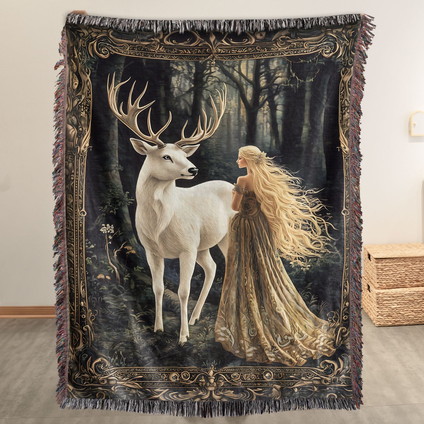 White Stag vs Aelin Of The Forest Realms Fantasy Woven Blanket